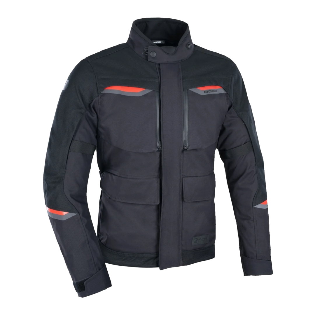 Dark motorcycle jacket with high collar, red reflective chest stripes, zipped pockets, and adjustable cuffs.