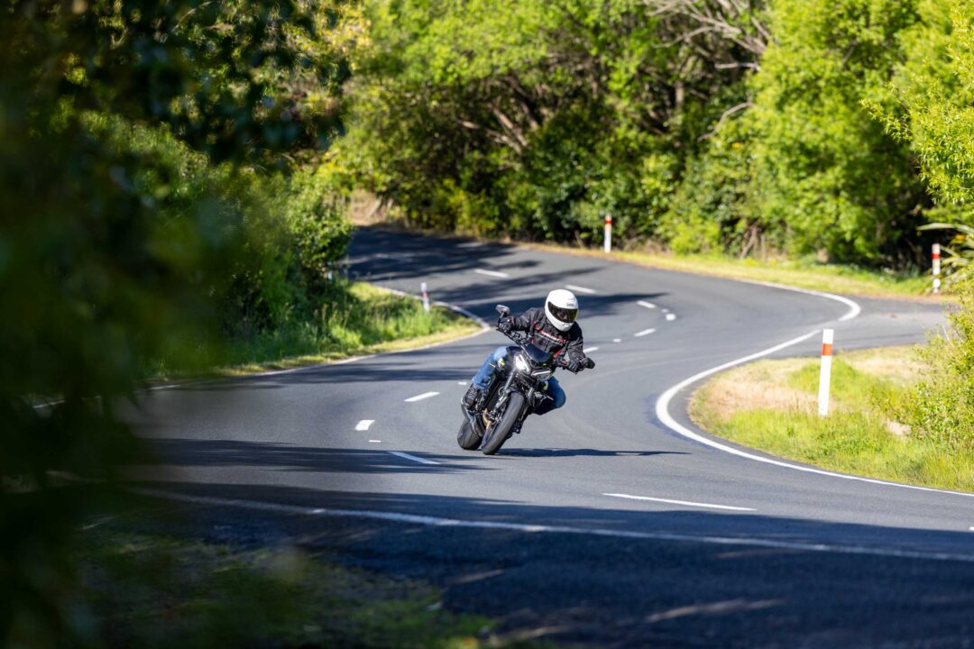 Triumph Street Triple 765RS cornering action shot on New Zealand road