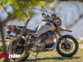 Moto Guzzi V85TT Travel parked in the sun