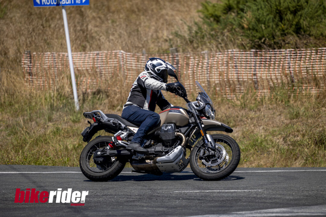 Moto Guzzi V85TT Travel cornering action shoot in the summer sun BRM NZ