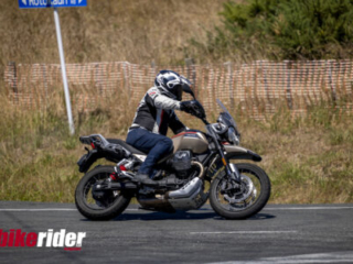 Moto Guzzi V85TT Travel cornering action shoot in the summer sun BRM NZ