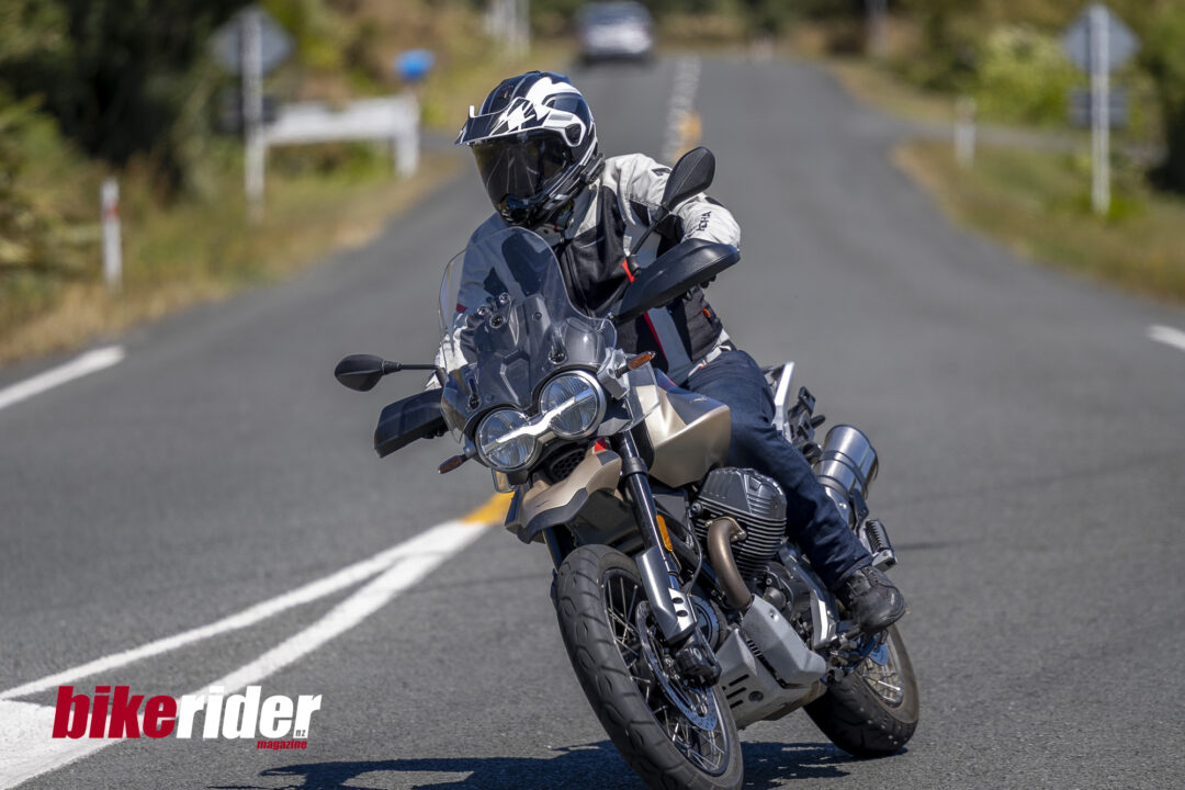 Moto Guzzi V85TT Travel cornering action photo while testing BRM NZ