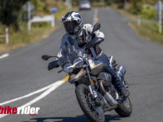 Moto Guzzi V85TT Travel cornering action photo while testing BRM NZ
