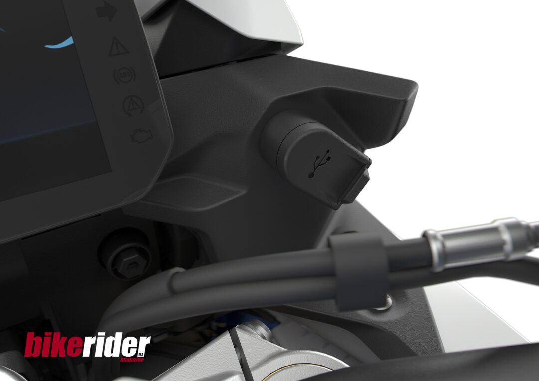 BMW F900XR USB power outlet on 2025 model.