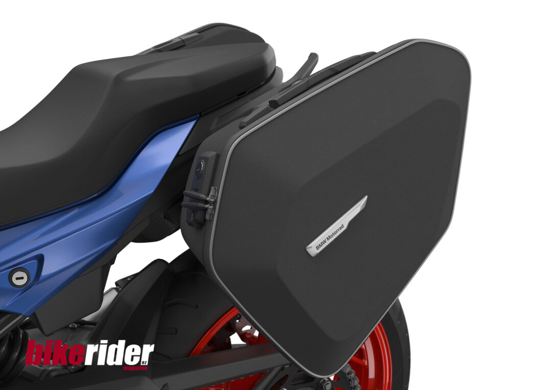 BMW F900XR 2025 model in racing blue and light white color combination with factory pannier system
