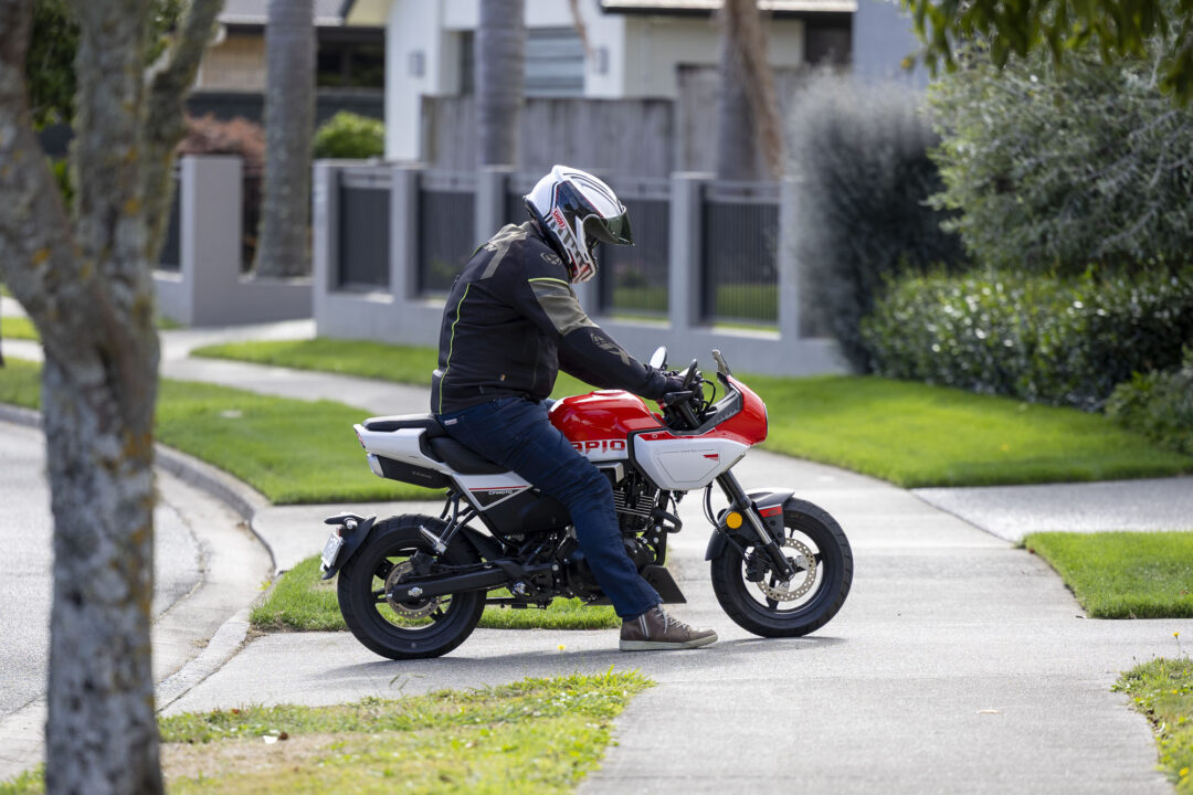 CFMoto XO Papio review static with feet flat on the floor for 6foot rider