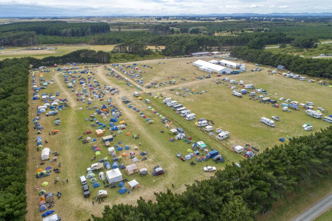 Burt Munro Challenge camp site arial view of riders and camper at the rally