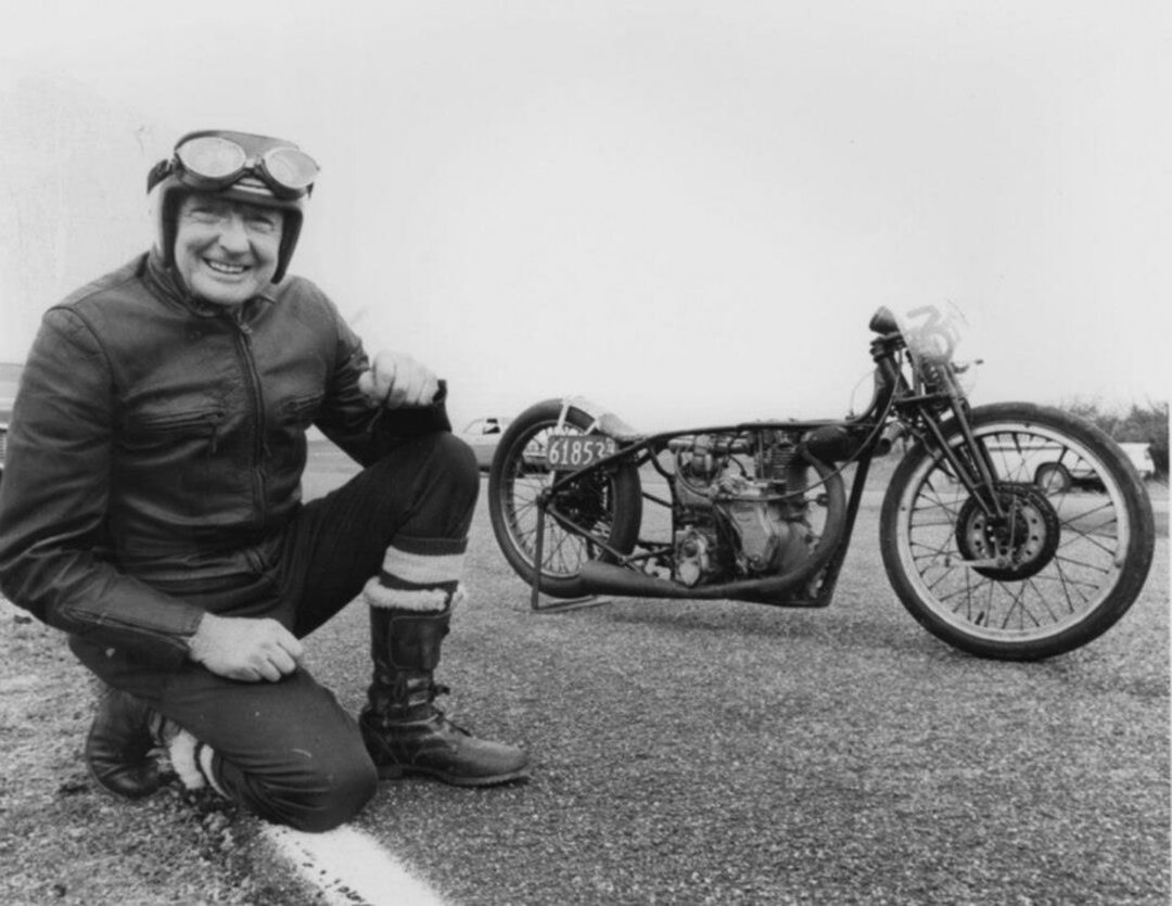 Burt Munro with his Indian Scout world land speed record holder