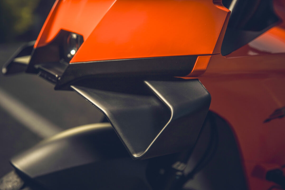 KTM 990 RC R side profile showing MotoGP-inspired fairing and winglets up close