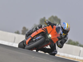 KTM 990 RC R on track at Seville Circuit, leaned over at full pace