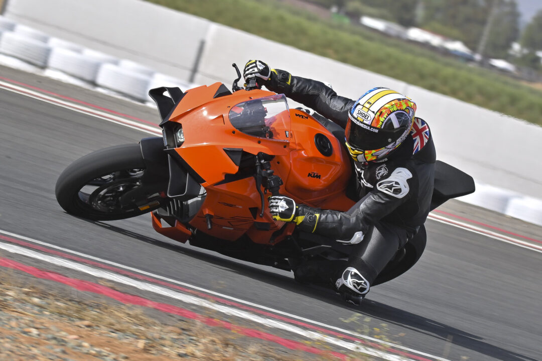 KTM 990 RC R on track at Seville Circuit, leaned over at full pace