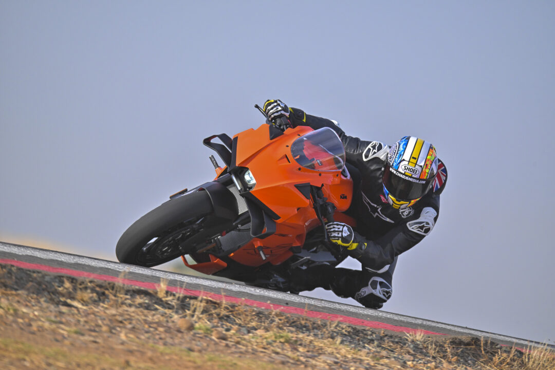 KTM 990 RC R on track at Seville Circuit, leaned over at full pace