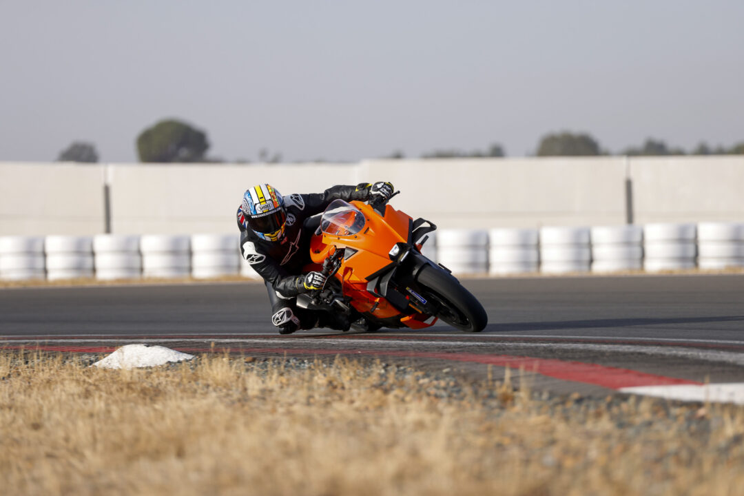 KTM 990 RC R on track at Seville Circuit, leaned over at full pace