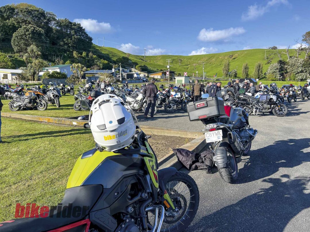 Mixed adventure motorcycles parked at Kai Iwi Beach Holiday Park during BMW GS Rallye