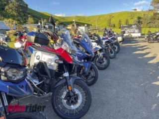 BMW demo fleet parked at Kai Iwi Beach Holiday Park during BMW GS Rallye