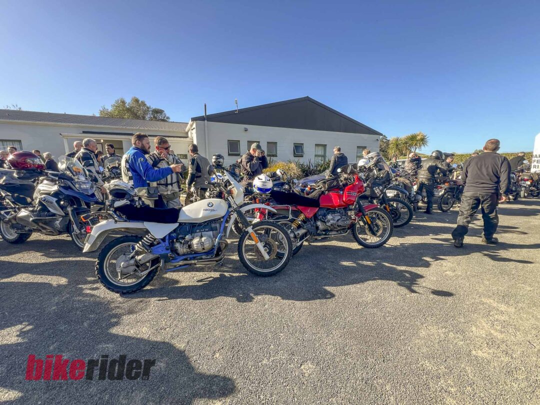 Aircooled BMW GS models parked at Kai Iwi Beach Holiday Park during BMW GS Rallye