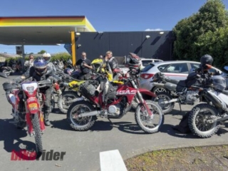 Lunch and fuel stop during the BMW GS Rallye with various adventure bikes
