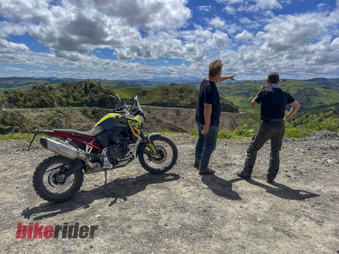 Looking at Mount Ruapehu during a stop on the gravel at the BMW GS Rallye