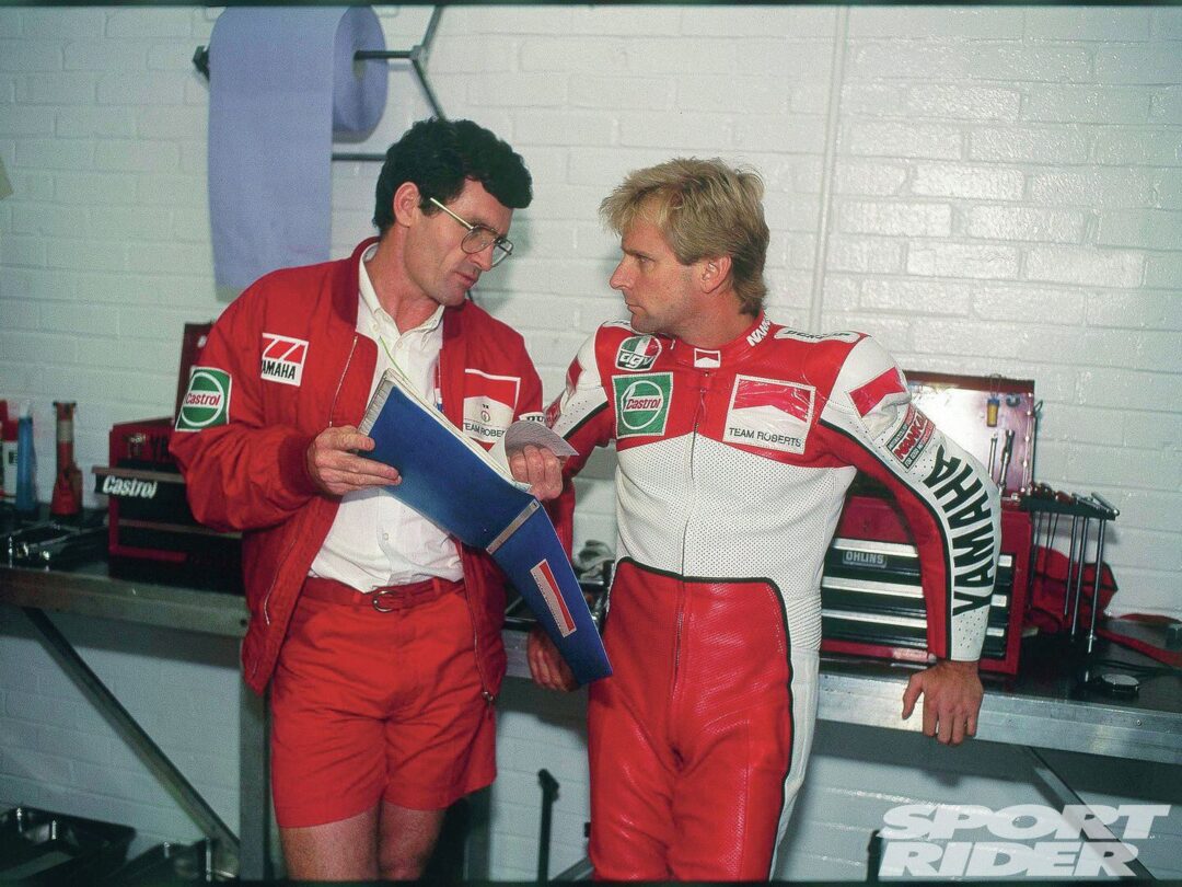 Tech guru to the stars Mike Sinclair and multi world champion Wayne Rainey. (Henny Ray Abrams pic)