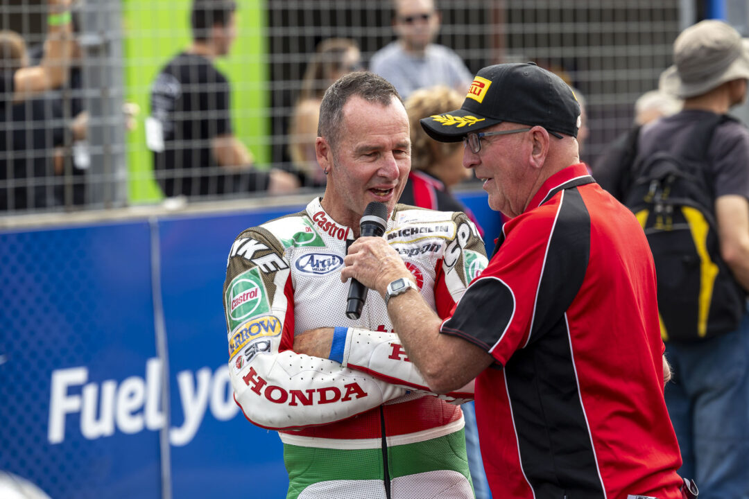 Former WSBK racer Aaron Slight being interviewed by Neil Ritchie at Hampton Downs New Zealand