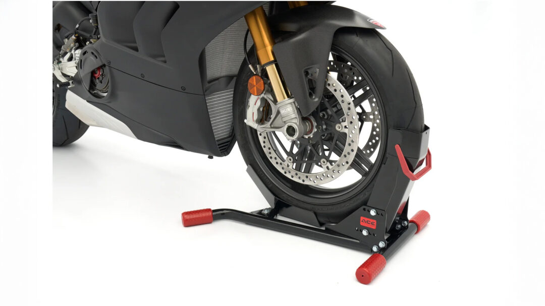 Ace Bikes SteadyStand front wheel motorcycle stand in garage