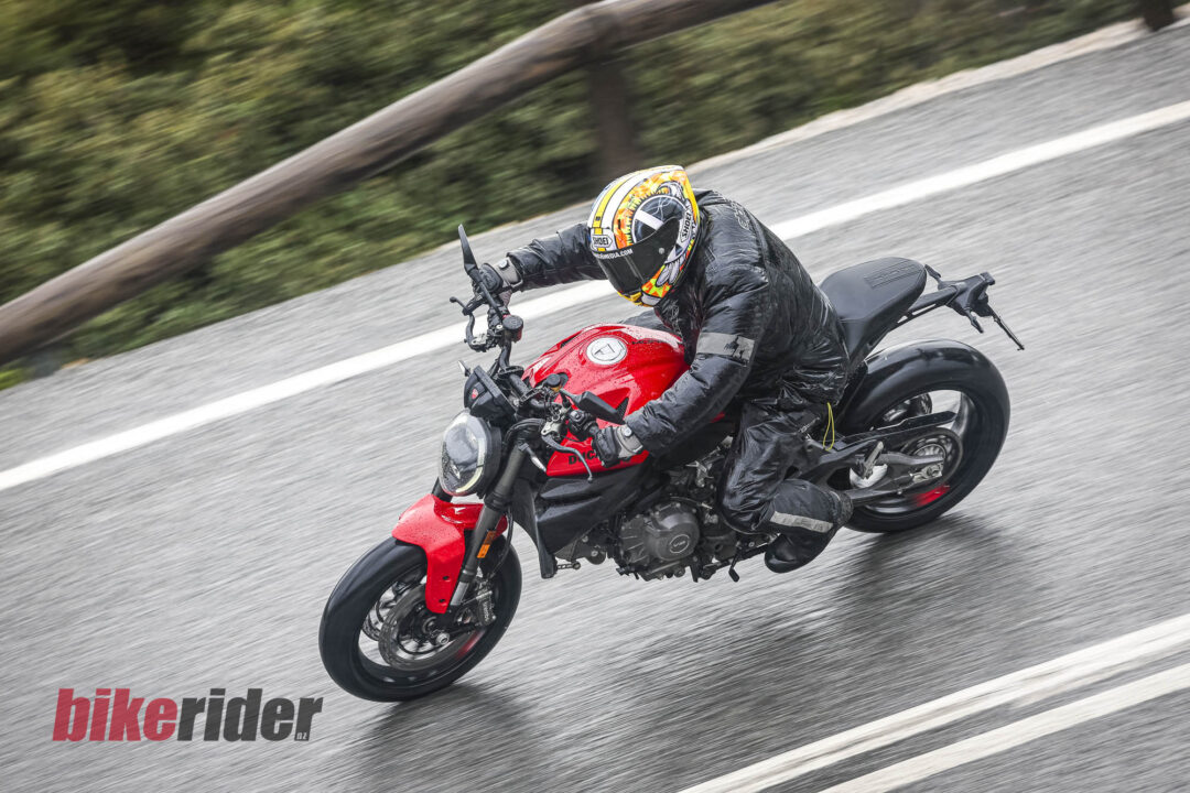 2026 Ducati Monster action on the road in the rain