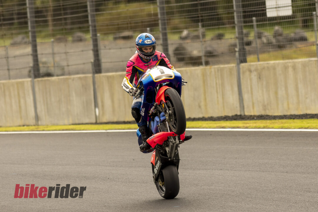 Andrew Stroud on the Britten V1000 doing a wheelstand at Hampton Down in New Zealand