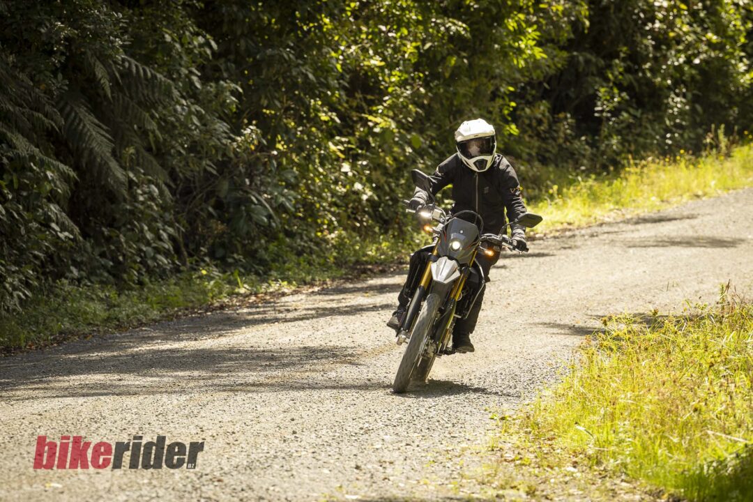 Rider wearing new Leat Gear testing the Suzuki DR-Z4S on the gravel