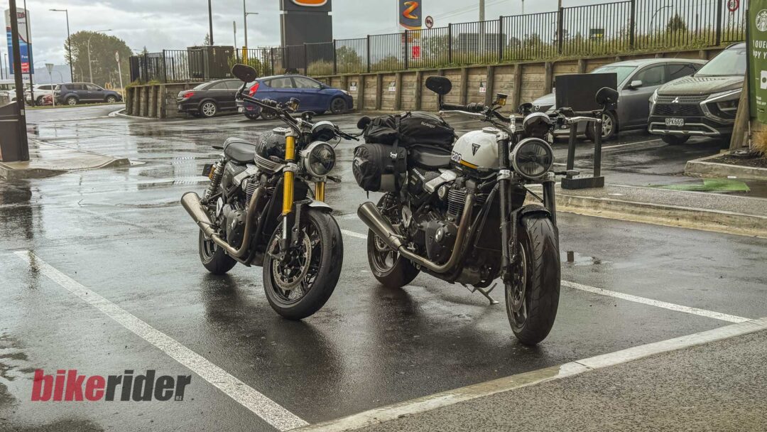 Speed Twin 1200 Triumph in the rain in Taupo, NZ