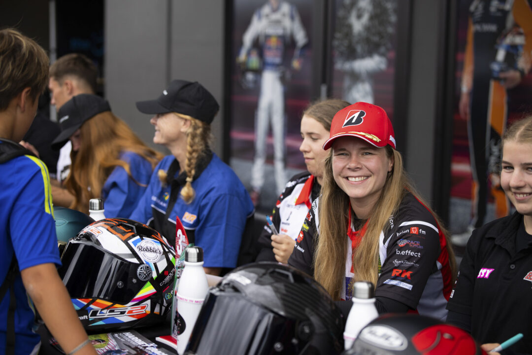 Harriet Grace celebrates women in motorcycling on International Women's Day at Motofest Round 3 of the 2026 New Zealand Super Bike Championships held at Hampton Downs, Te Kauwhata, Waikato, New Zealand, March 7-8, 2026. Photo: MNZ/Derek Morrison