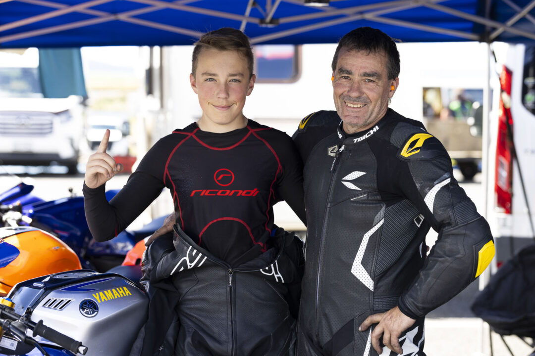 Legendary Dennis Charlett with his 15-year-old son Hunter Charlett at Motomania Round 4 of the 2026 New Zealand Super Bike Championships held at Taupo Motorsport Park, Taupo, Waikato, New Zealand, March 14-15, 2026. Photo: MNZ/Derek Morrison