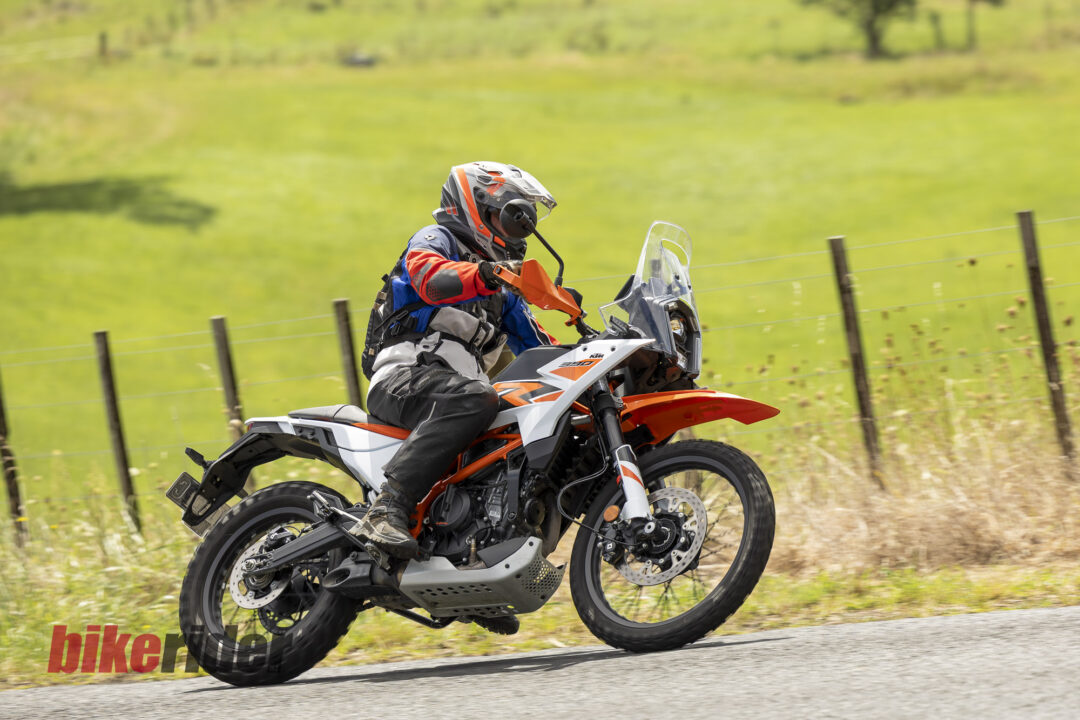 KTM 390 Adventure R cornering hard on the road in NZ
