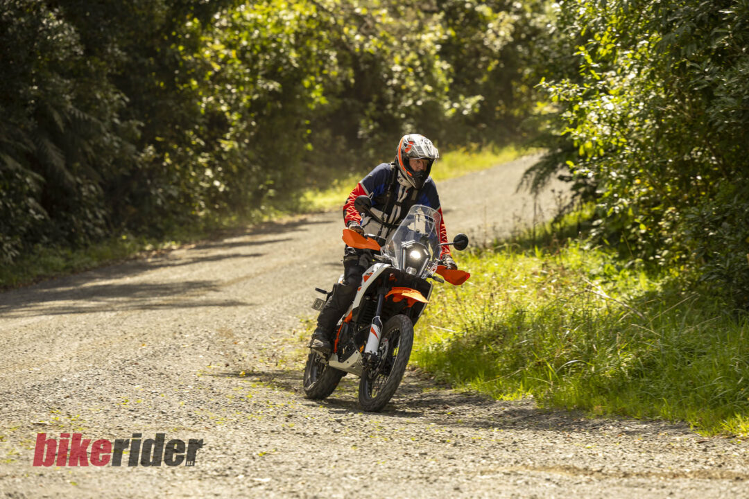 KTM 390 Adventure R cornering on gravel in NZ