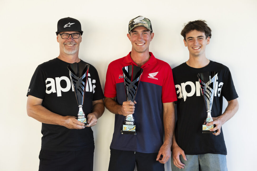 The 2026 NZSBK Series Sportbike Championship podium (from left) Luke Ryder (stand-in), 3rd, Zak Fuller, 1st, and Tyler King, 2nd, at Motomania Round 4 of the 2026 New Zealand Super Bike Championships held at Taupo Motorsport Park, Taupo, Waikato, New Zealand, March 14-15, 2026. Photo: MNZ/Derek Morrison