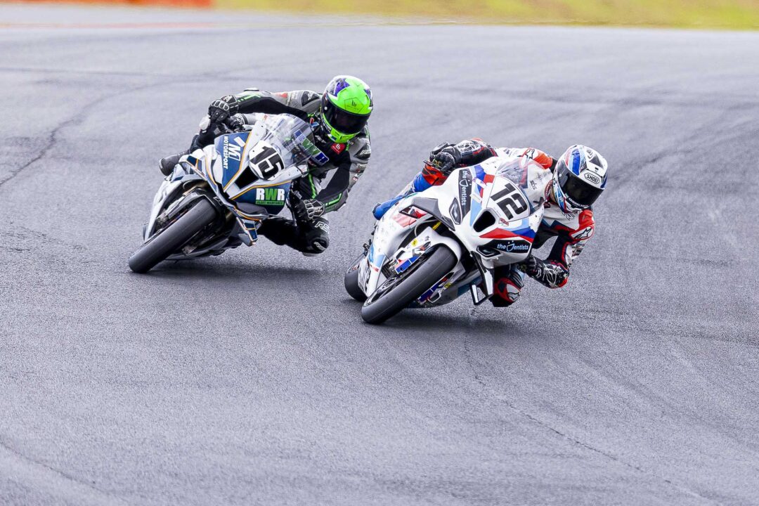 Luca Durning #12 and Rogan Chandler #15 battle in the final race at Motofest Round 3 of the 2026 New Zealand Super Bike Championships held at Hampton Downs, Te Kauwhata, Waikato, New Zealand, March 7-8, 2026. Photo: MNZ/Derek Morrison