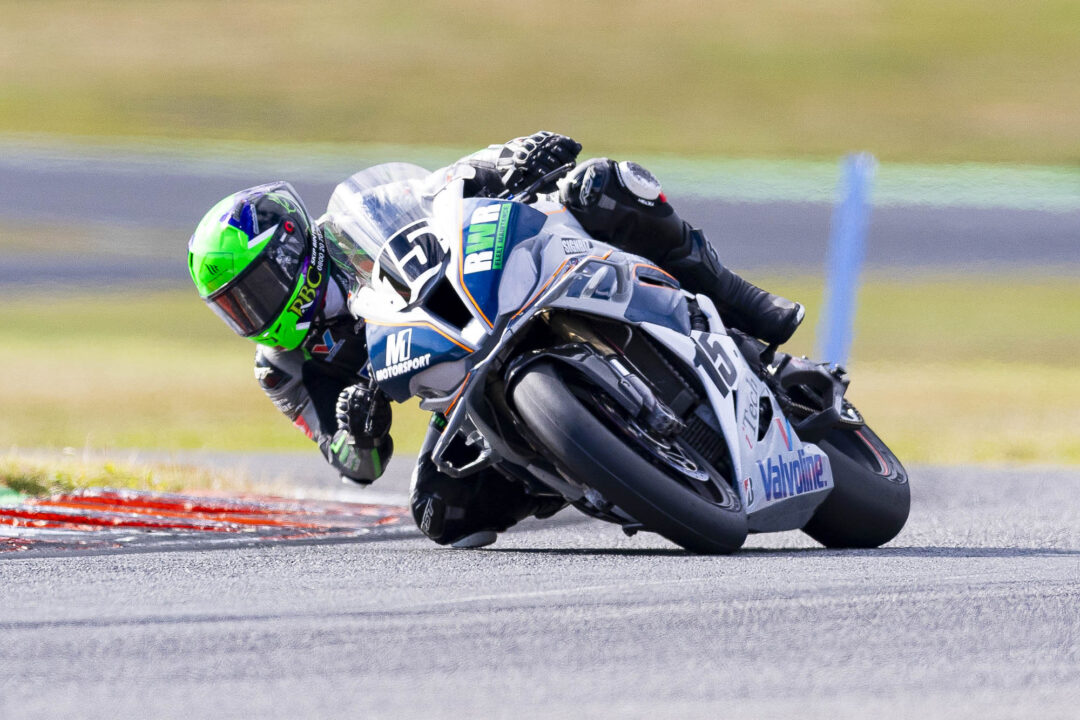 Rogan Chandler leads the Superbike field on his way to winning the championship at Motomania Round 4 of the 2026 New Zealand Super Bike Championships held at Taupo Motorsport Park, Taupo, Waikato, New Zealand, March 14-15, 2026. Photo: MNZ/Derek Morrison