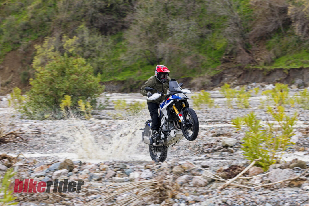 BMW F450GS review wheelie in water