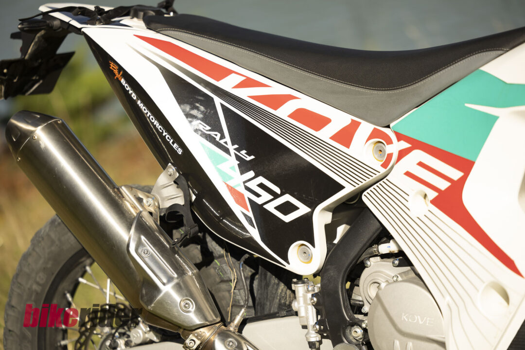 Kove 450 Rally review NZ static off road exhaust and rear fuel tank