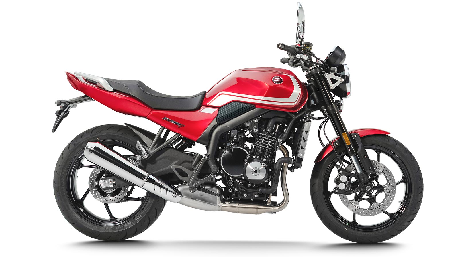 Red ZXMOTO 500F naked motorcycle in side profile