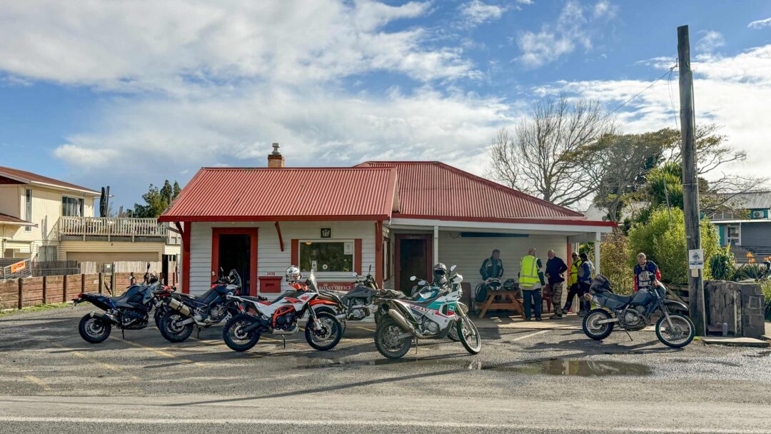 Stopping for coffee with the Kove 450 Rally and other small adventure bikes