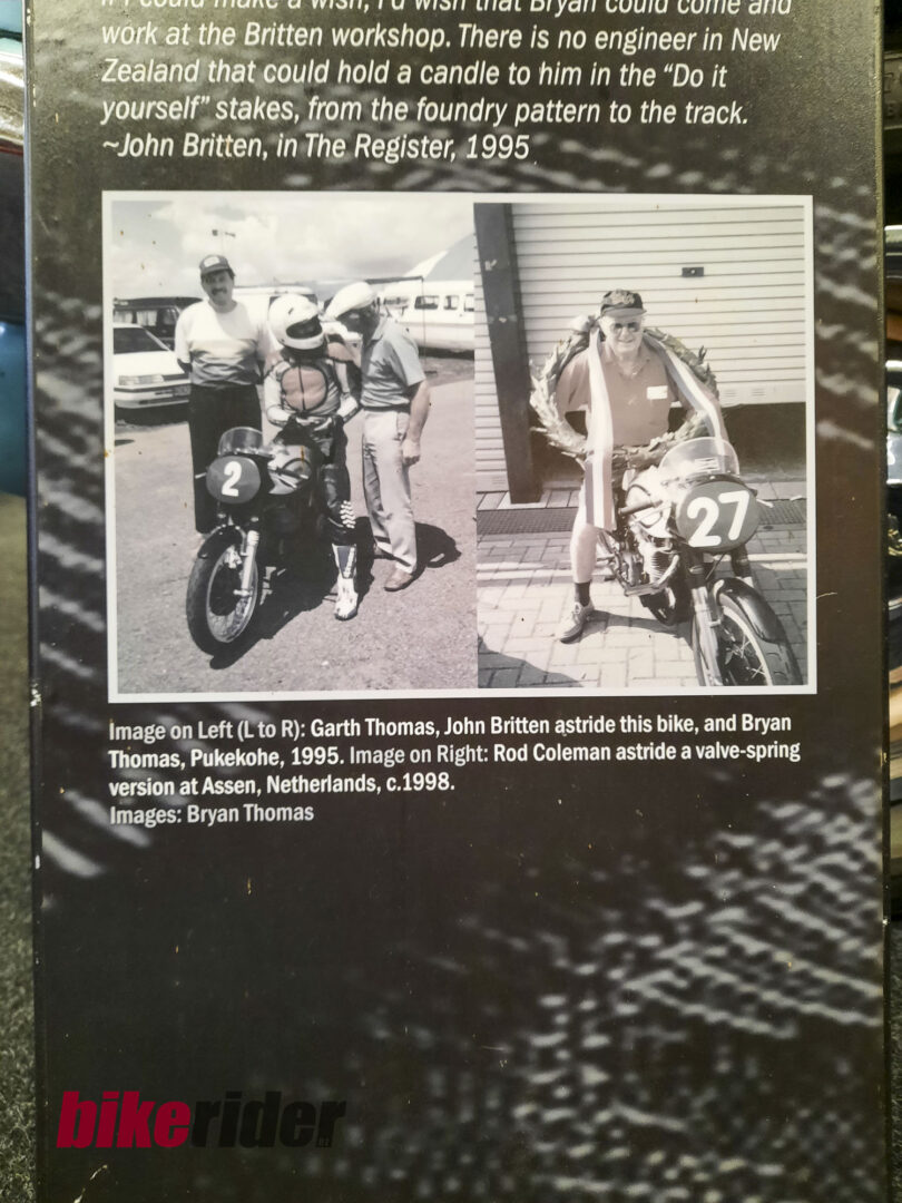 Plaque with a black-and-white photo collage of two motorcycle racers, numbers 2 and 27, and a caption mentioning John Britten and 1995.