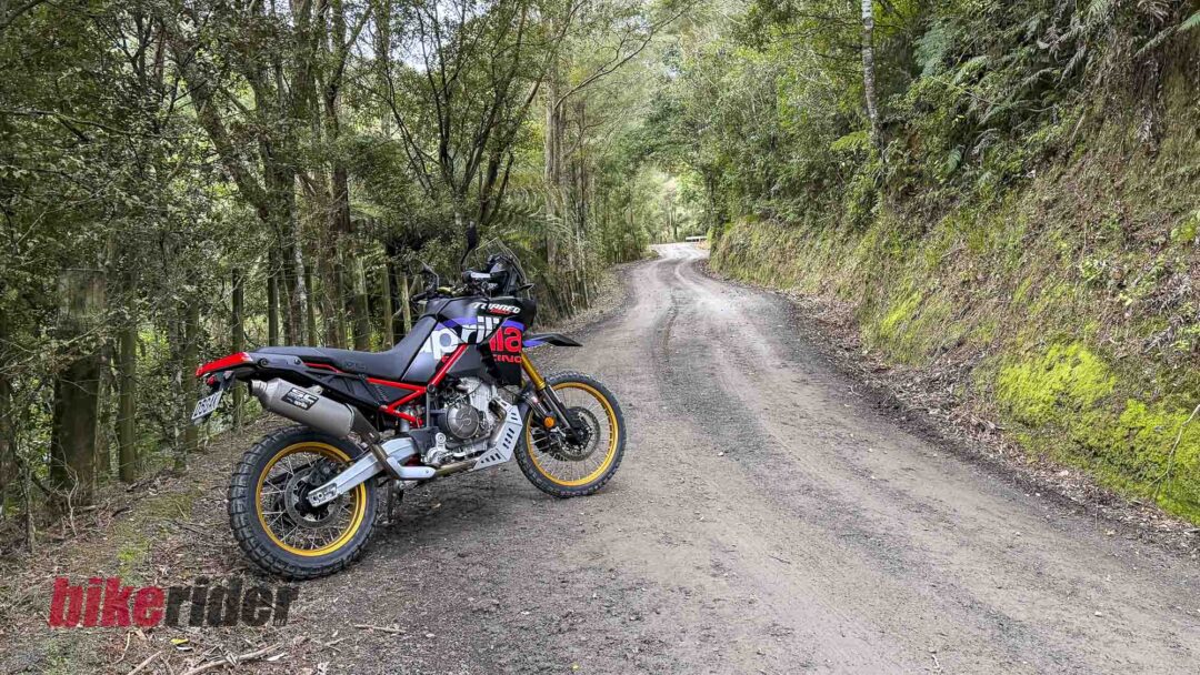 Adventure motorcycle parked on a dirt forest road with green trees on both sides.