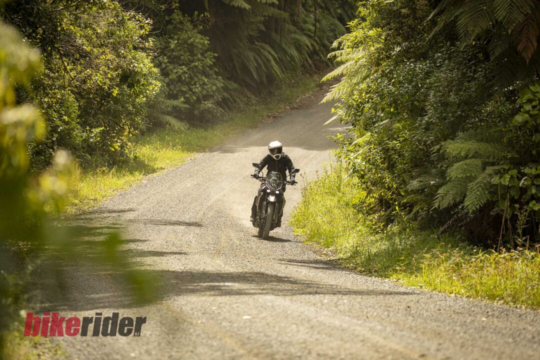 Motorcyclist in a black gear and helmet rides down a gravel forest road lined with green foliage; sunlight filters through trees.
