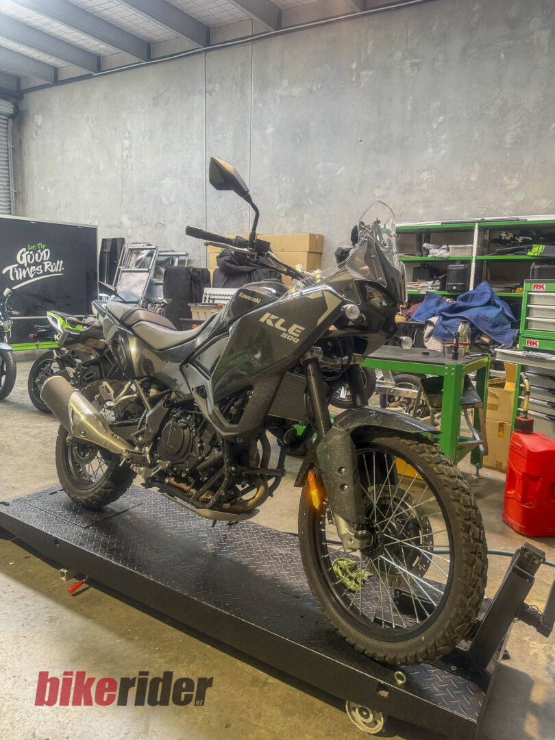 Kawasaki KLE500 on workshop bench for first service
