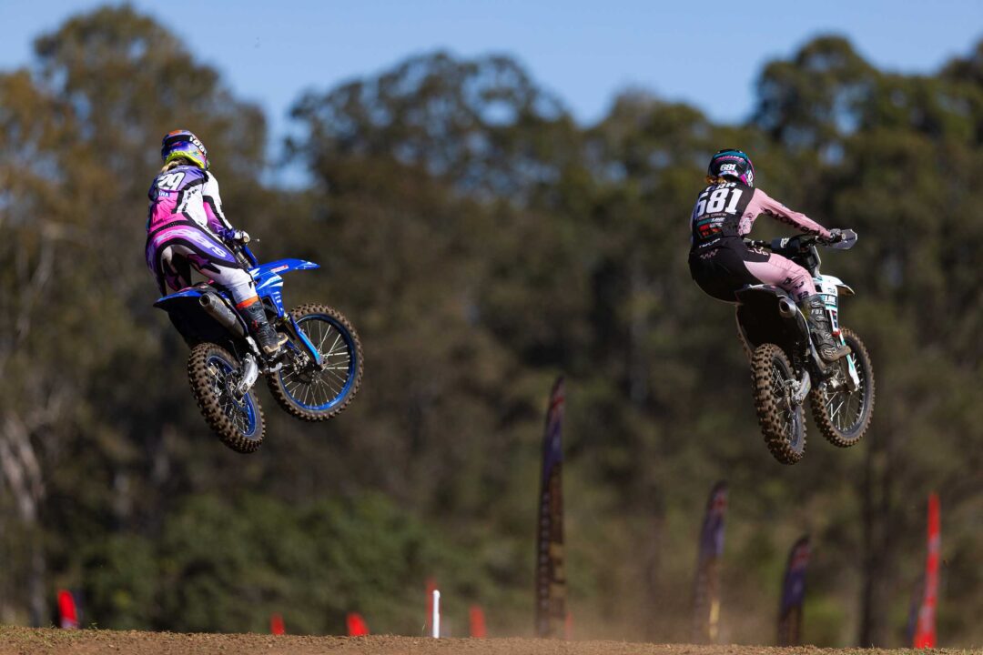Mikayla Griffiths #329, of Taupo, and Addison Orr, of Western Australia, racing in WMX at Round 7 of the 2026 Penrite ProMX Championship presented by AMX Superstores (ProMX) at the Green Park track in Conondale, Queensland, Australia. July 26, 2026. Photo: MNZ/Derek Morrison