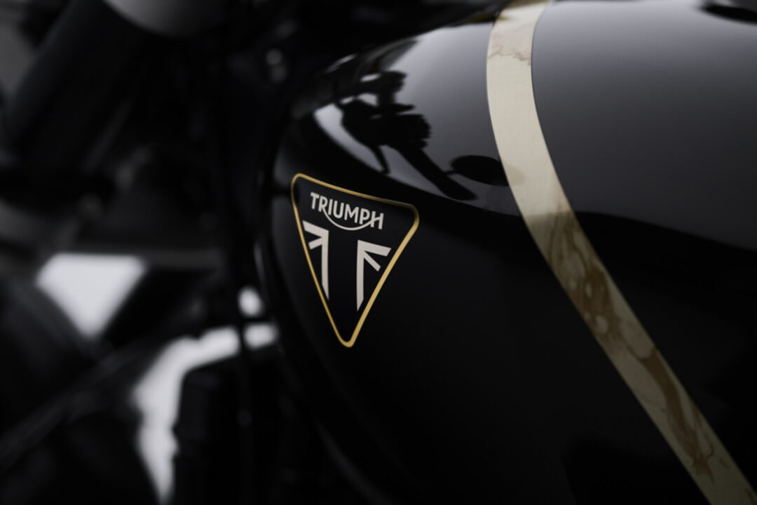 Close-up of a glossy black Triumph motorcycle fuel tank with a gold pinstripe and emblem on the side panel.