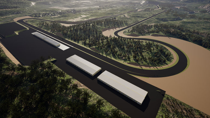 Aerial view of a transport corridor: three white semi-trailers parked along a dark road beside a winding muddy river and forested hills.