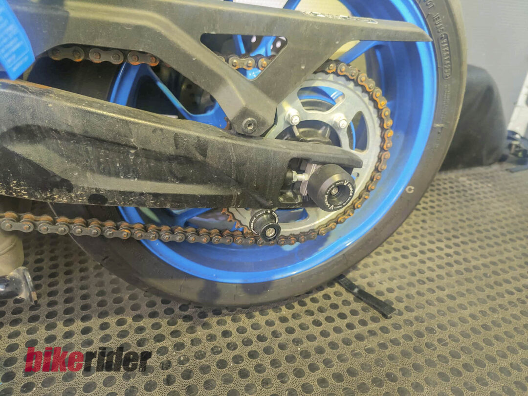 Suzuki GSX-8S racer waiting to be converted into a race bike for the Sport Bike series. Bobbins make it easier to put the bike up on stands