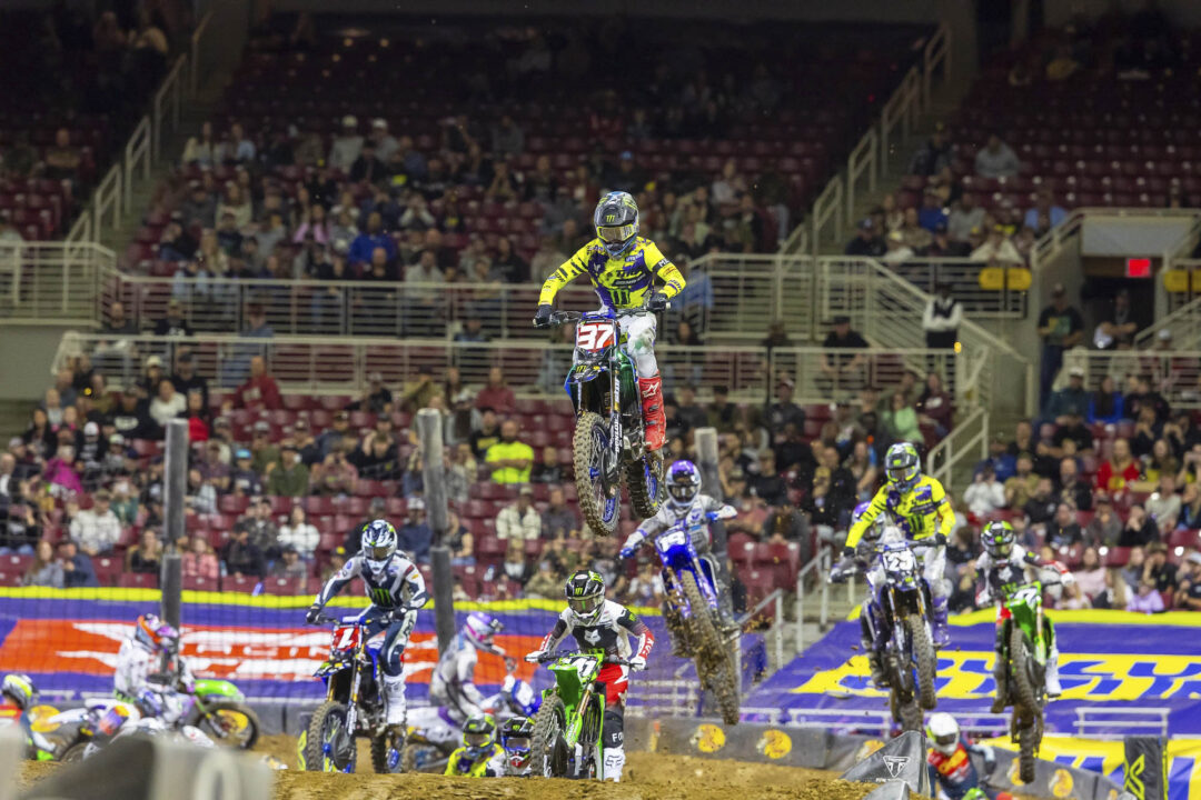 New Zealand’s Cole Davies, 18, in action at Round 12 of the East/West Showdown in the 250SMX Class at St Louis, Missouri for the 2026 Monster Energy AMA Supercross Championship, part of the Monster Energy SMX World Championship. Photo: SMX