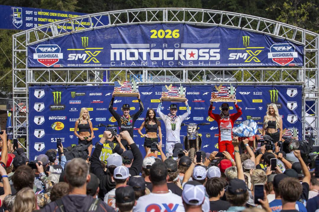 New Zealand’s Cole Davies, 18, goes 1-1 for the overall win in the 250SMX class at the Pro Motocross Championship, sanctioned by AMA Pro Racing, which made its final visit to the West Coast for Round 25 of the 2026 Monster Energy SMX World Championship, where the tricky forest setting of the Pacific Northwest’s Washougal MX Park challenged the world’s best racers, Washougal, Washington, USA. Photo: SMX